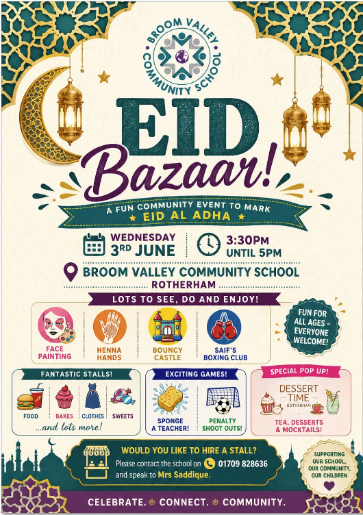 BVCSchool's tweet photo. @BVCSchool Eid Bazaar! Tomorrow 3rd June from 3:30pm - Everyone welcome, come and join us for a fun event. https://t.co/y6NS8df4yt