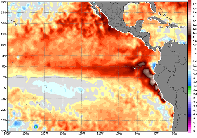 PGDynes's tweet photo. The Pacific is waking up big time. 
Sea surface temperatures off Peru are now running more than 4°C above normal, while the classic El Niño warm pool expands westward across the tropical Pacific.

In a warming world, Super El Niños could become far more common. https://t.co/v6WJAZOKAE