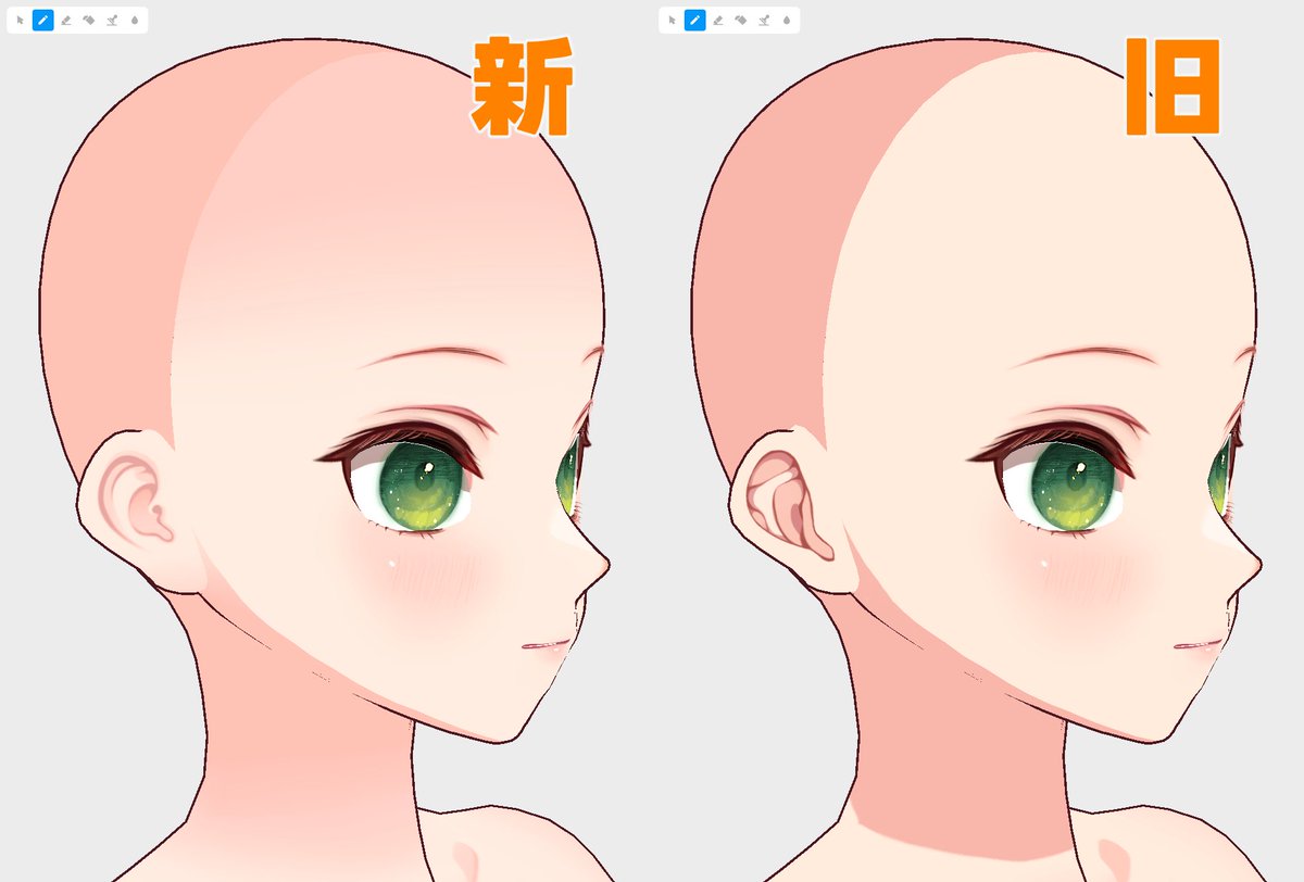 yuuri_may's tweet photo. 耳のテクスチャ新旧比較wip
輪郭のパラメータをたくさん入れるとテクスチャの歪みが出てた顎周りも、男女素体別に分ける+できるだけ歪みが減らせるように制作中です
#VRoid https://t.co/mgYssvzhuJ