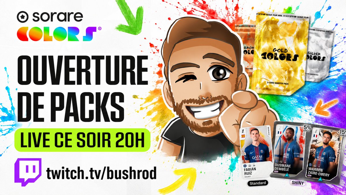 BushRodTwitch's tweet photo. 🎨 SORARE COLORS EST LÀ.

Et ce soir, ON OUVRE TOUT.

Des packs, des Chroma, du Legendary qui pop (ou pas) !

📍 20H — https://t.co/x01Rv4qPtm

Venez, ça va éclabousser. 🌈
#Sorare https://t.co/gUhpa3rO5u