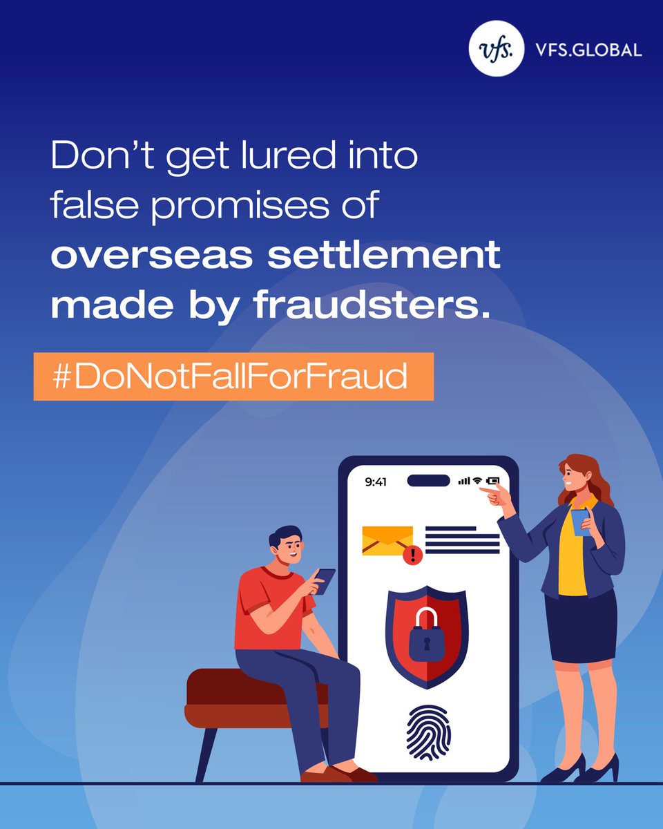 VFSGlobal's tweet photo. Fraudsters attempt to fleece visa aspirants or job seekers by promising immigration to various countries in exchange for large sums of money.
#DoNotFallForFraud, ensure that you visit the official VFS Global website https://t.co/oOZr5ICXId and check for our authentic credentials in all communications.
Intimate your local police and/or any competent authorities in case of fraud. To report the fraud, contact us at acco@vfsglobal.com