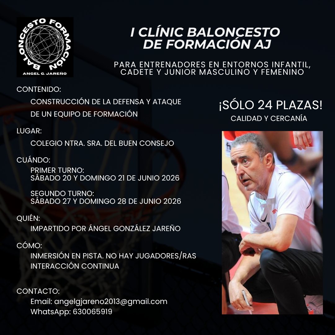 angelgjareno's tweet photo. 🏀 ATAQUE 1X1: la base de cualquier ataque.

En el I CLÍNIC DE FORMACIÓN AJ lo trabajaremos y lo viviremos en la pista.
⚡ Un fin de semana intensivo de 16 horas.
🕒 Sábado y domingo: 8h diarias.

Descarga toda la info y reserva tu plaza aquí: 🔗https://t.co/jxzZik2CgH https://t.co/KRsnpHveg8
