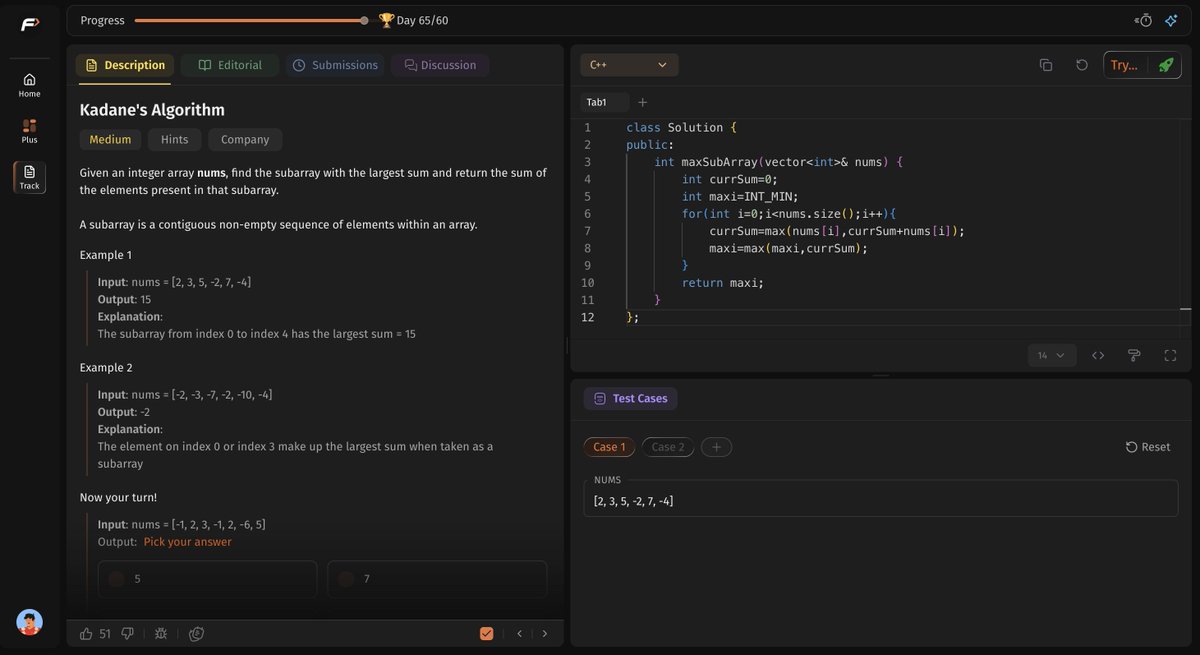 Gaurav71205's tweet photo. 🚀 Day 2 of #StriverSDESheet

✅ Maximum Subarray (Kadane's Algorithm)
✅ Sort Colors
✅ Best Time to Buy and Sell Stock
One step closer every day. 💪
@striver_79  @takeUforward_ 
#DSA #LeetCode #Cpp #CodingJourney https://t.co/4L3jDtIhRK