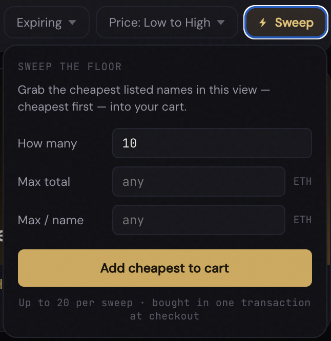 eggybug42069's tweet photo. Just added a sweep feature for all the ens degens out there @NameWhisper_AI https://t.co/3ttdgUTyii