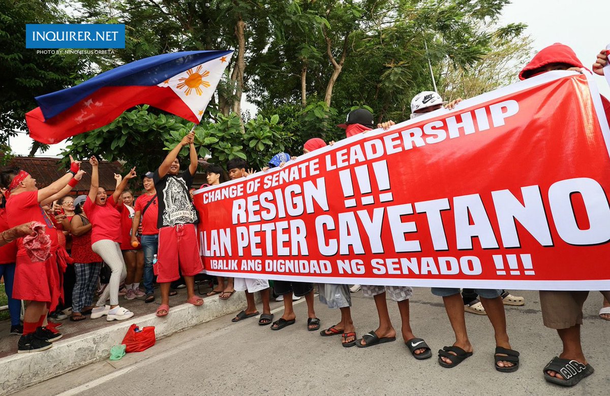 inquirerdotnet's tweet photo. LOOK: Various organizations gather outside the Senate of the Philippines in Pasay City on June 2, calling for Senate President Alan Peter Cayetano to step down amid growing concerns over Senate leadership and the continued no-show of majority bloc senators during plenary proceedings. | 📸: Niño Jesus Orbeta, Philippine Daily Inquirer