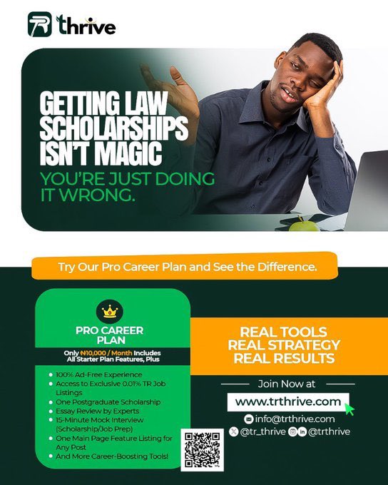 tr_thrive's tweet photo. It's the season of scholarships opening up in their numbers!

🎓 Getting law scholarships aren’t luck, they require tested and proven strategies.

With our Pro Career Plan, you get many exclusive offerings including: 
✅ Expert scholarship essays reviews
✅ Scholarship Application Guidance
✅ Mock scholarship interviews by Chevening Scholars
✅ Fully funded scholarship mentorship from global scholars (LLM/PhD)

📲 Start now: https://t.co/EHXp5OFqaT

#LawScholarships #TRThrive #CareerGrowth