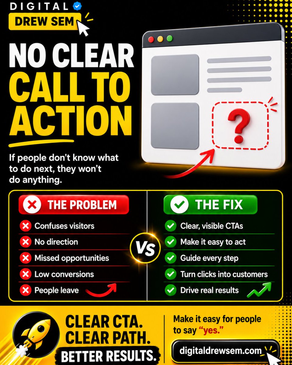 digitaldrewsem's tweet photo. Confused visitors = lost opportunities. If people don’t know what to do next, they won’t do anything! Make your calls to action clear, guide every step, and turn clicks into customers.

👉 Start driving real results today: https://t.co/le3CM9KUxx

#DigitalMarketing #CTAStrategy https://t.co/wnBVbwqX5V