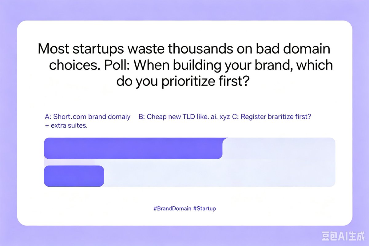 DomainnameAmor's tweet photo. Most startups waste thousands on bad domain choices.
Poll: When building your brand, which do you prioritize first?
A: Short .com brand domain
B: Cheap new TLD like .ai/.xyz
C: Register brand name + extra suffix
Comment your industry & budget range, I match exclusive domains free.
#BrandDomain #Startup
