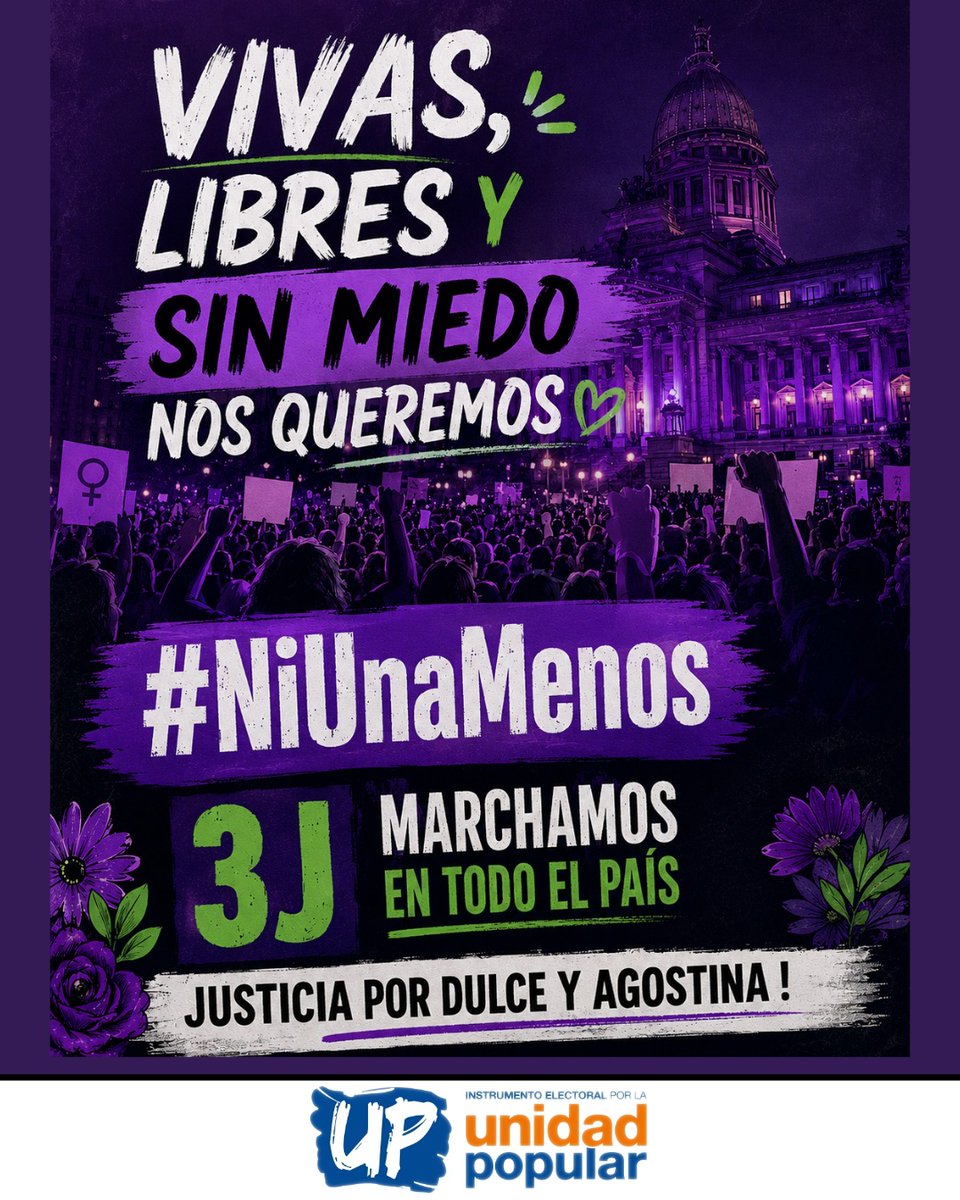 UnidadPopularOK's tweet photo. 📢 3J – NI UNA MENOS - UNIDAD POPULAR EN LAS CALLES

A 11 años del primer grito colectivo de #NiUnaMenos, volvemos a marchar en todo el país porque la violencia machista sigue arrebatándonos vidas.

Marchamos por justicia para Agostina. Marchamos por justicia para Dulce. Marchamos por cada mujer, niña y diversidades víctimas de una violencia que no es un hecho aislado, sino una problemática social que exige respuestas urgentes del Estado.

Este 3 de junio, en las calles y en unidad, levantamos nuestras voces para decir basta.

✊ Por las que ya no están.
✊ Por las que siguen luchando.
✊ Por una vida libre de violencias.

#NiUnaMenos
#JusticiaPorAgostina
#JusticiaPorDulce
#3J
#UnidadPopular
#VivasNosQueremos