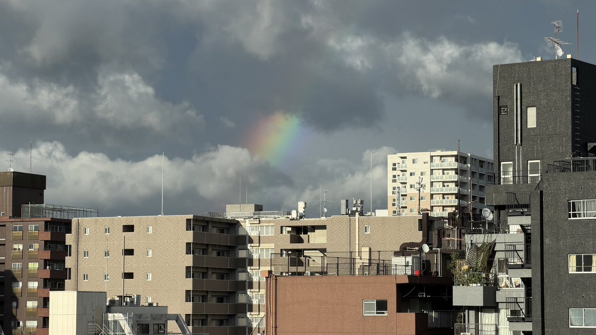 akbopticslab's tweet photo. 台風の影響で風が出てきて、雨も降り始めた熊本市内。
夕暮れ時にスーッと虹が出ていた。
明日の飛行機も欠航が決まって、飛行機は諦めて新幹線で帰ることに。
6時間かけて！ https://t.co/cjjhSLBPdU