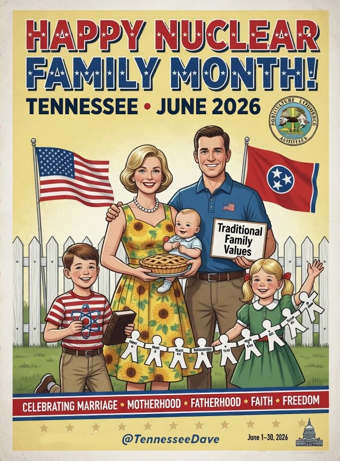 TennesseeDave's tweet photo. Hey misfits. June in Tennessee looks different.

We celebrate Marriage. Motherhood. Fatherhood. Faith. Freedom. The cornerstone every healthy civilization in history has been built on.

NOW THAT is some pride worth a parade.

Happy Nuclear Family Month, Volunteer State. ⚔️ https://t.co/6nJ00C8WuV