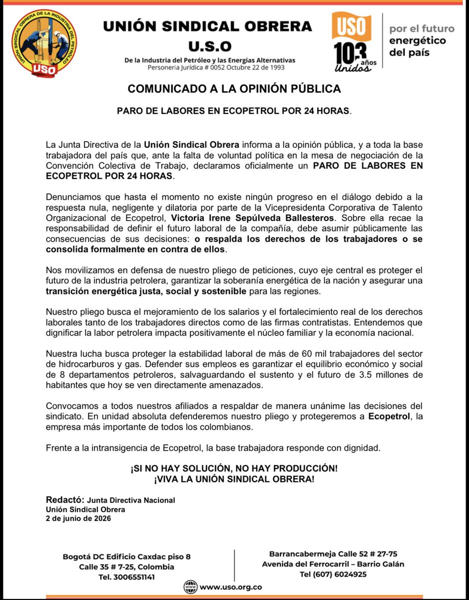 usofrenteobrero's tweet photo. #SomosUSO 

🚨 ¡ATENCIÓN! La USO declara PARO DE 24 HORAS EN ECOPETROL 🚨

La Junta Directiva Nacional de la Unión Sindical Obrera informa a la opinión pública y a toda la base trabajadora del país que, ante la falta de voluntad política en la mesa de negociación de la Convención Colectiva de Trabajo, declaramos oficialmente un PARO DE LABORES POR 24 HORAS.

Denunciamos públicamente la postura de la empresa que bloquea los avances para los trabajadores.✊ ¡Unidad, organización y lucha! 

#ParoNacional #USO #Ecopetrol #TrabajadoresEnLucha #DerechosLaborales @ECOPETROL_SA  @MintrabajoCol  @MartinRaveloR  @CaracolRadio  @lafm @WRadioColombia  @EspinosaRadio  @NoticiasRCN  @ValoraAnalitik  @vanguardiacom  @ELTIEMPO @elheraldoco @el_pais  @RevistaDinero  @RevistaSemana