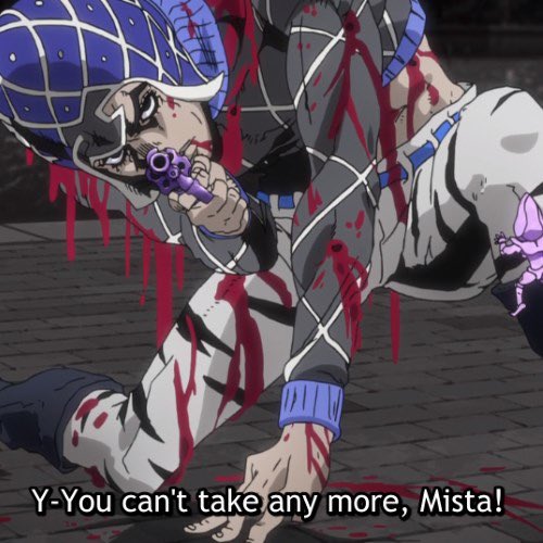 gyjover's tweet photo. honestly hilarious that the members of passione who don’t defect have to deal with “guy who believes cutting off his arm is an honest strat” as their boss and “# 1 Swiss cheese impersonator” as his right hand man https://t.co/hL9lnVTo66