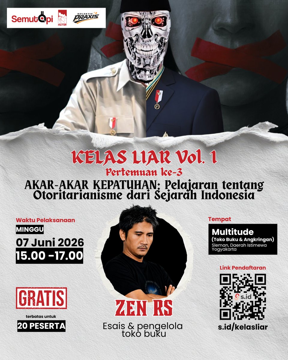 tb_bebasari's tweet photo. Pertanyaan ttg "apa itu otoritarianisme" hari ini gak sepenting pertanyaan: "Kenapa otoritarianisme tampak masuk akal buat diterima bagi banyak orang?"

Silakan join yg mau bareng-bareng memeriksa akar2 kepatuhan dlm sejarah kita. Di Jogja. Terbatas. https://t.co/Jvt3v6wlVZ