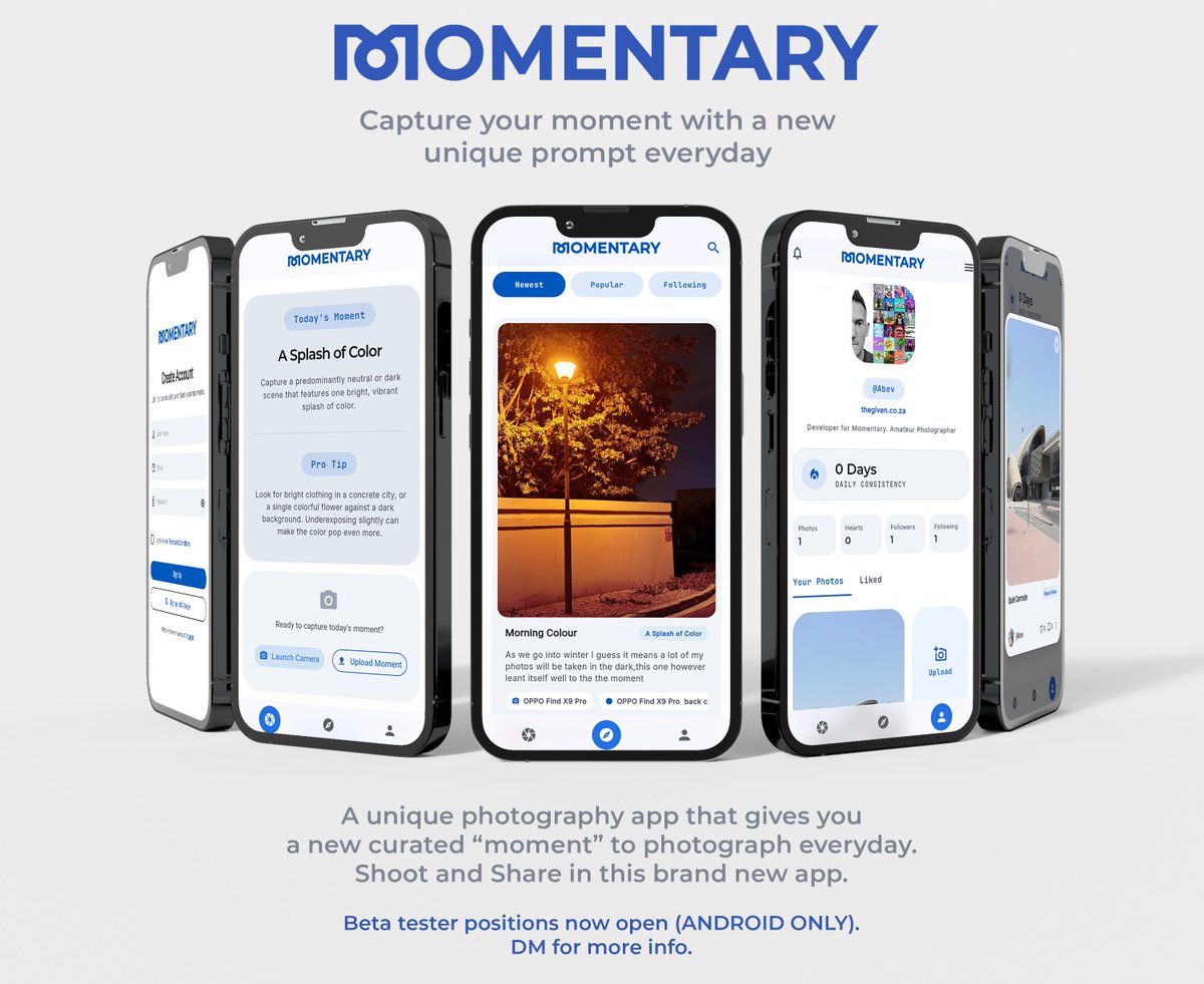 themomentaryapp's tweet photo. Momentary is a daily photography inspiration app.
Every day the app gives you a new "Moment" to capture.

If you would like to be involved in beta-testing V1.00 of the app, please let us know!

Currently Android only (Sorry iOS coming soon).

#photography #photo #momentary https://t.co/X6DMYCe5Uj