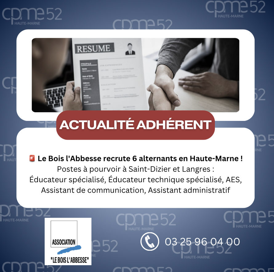 cpme52's tweet photo. 🚨 𝗔𝗖𝗧𝗨 𝗔𝗗𝗛𝗘𝗥𝗘𝗡𝗧 🚨

Association "Le Bois l'Abbesse" lance sa campagne de recrutement pour la rentrée 2026 et recherche 6 alternants en Haute-Marne, sur les secteurs de Saint-Dizier et Langres.

👉 Plus d'informations et candidatures : https://t.co/7xBypDuhbO https://t.co/Xc3ulMfD4K