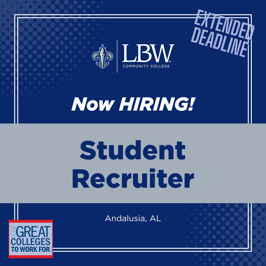 LBWCC's tweet photo. The deadline for the Student Recruiter posting has been extended to noon on June 10, 2026.

Contact awilliamson@lbwcc.edu or (334) 881-2223 with any questions.

https://t.co/5JL3cWYKPg https://t.co/sZR4Xa1zbk