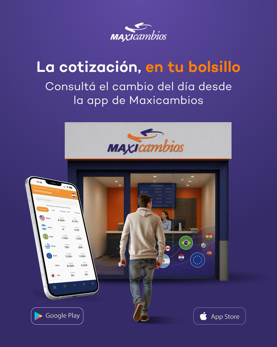 maxicambios's tweet photo. Hay cosas que conviene revisar antes de salir.

El clima. El tráfico. Y sí, también la cotización 👀
Con la app de Maxicambios podés consultarla fácilmente y tenerla siempre a mano 📲

#MaxicambiosPY #AppMaxicambios #CambioDeDivisas #Paraguay https://t.co/YLl3g4UHSa