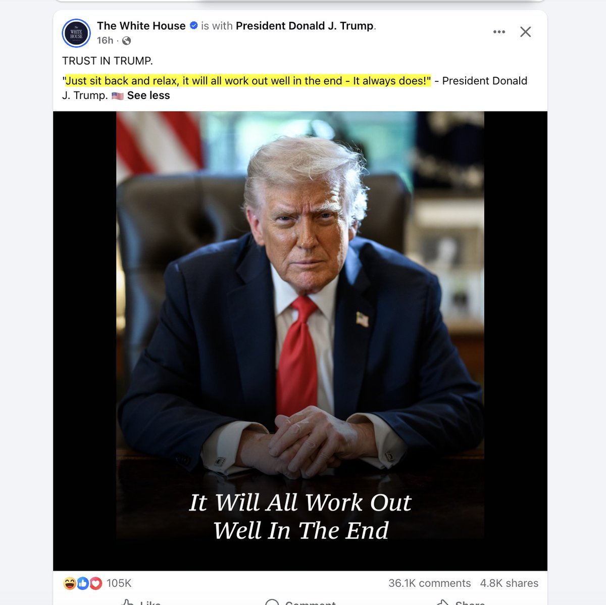 Revkin's tweet photo. The official White House account on FB says: "Just sit back and relax, it will all work out well in the end - It always does!" - President Donald J. Trump. 

I feel so much better! How about you? https://t.co/VqsXdHhSIH