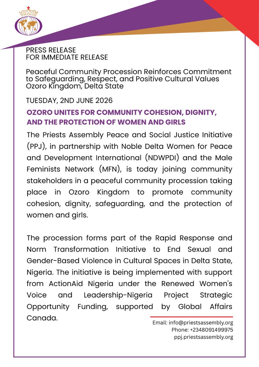 ppjInitiative's tweet photo. CULTURE MUST PROTECT, NOT HARM: OZORO UNITES FOR COMMUNITY COHESION, DIGNITY, AND THE PROTECTION OF WOMEN AND GIRLS

Issued During the Peaceful Community Procession
Ozoro Kingdom, Delta State
Tuesday, 2nd June 2026

https://t.co/6ojNSAqnSf https://t.co/jKV12URhAk
