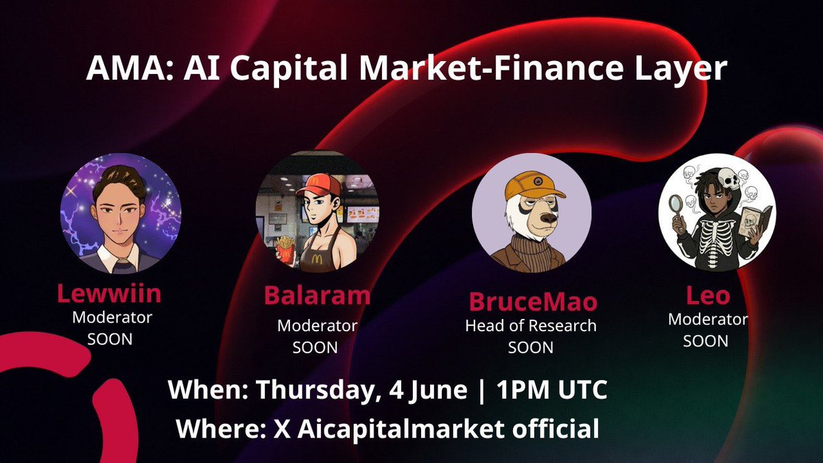 AiCapitalMarket's tweet photo. AI Capital Market EP2 is here, set your reminder 🔥

Last time, we explored the Personal Assistant Layer, where AI helps users search for information, filter signals, and operate faster.

But how can AI help users make money?

In this AMA, we’ll dive into the Finance Layer: where AI starts interacting with trading, prediction markets, capital allocation, and execution.

Three projects will be featured to explore different directions of AI-driven finance:
• https://t.co/OXbnPJxDVW
• @Poly__Follow 
• https://t.co/l6SZaZHiBo

Together, they reveal a new picture of how AI and finance may evolve together in crypto.

🎤 Speakers:
• @SlimeVerse_ — Head of Research
• @balaram0x — Moderator
• @LEZZYBRUV — Moderator
• @Lewwiinnn — Moderator

🗓 Thursday, June 4 — 1 PM UTC

If you want to understand where AI-driven finance is heading before the next wave hits, this is a session you don’t want to miss.

RSVP and join the conversation 👇