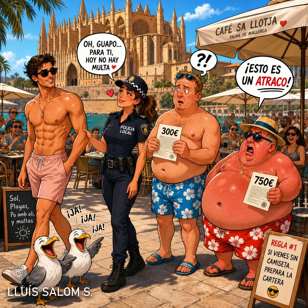 SalomBlog's tweet photo. ☀️ ¡El calor aprieta y Mallorca se llena! Pero ojo: la calle no es una extensión de la playa. Pasear sin camiseta o en bañador por el casco urbano incumple las ordenanzas cívicas y te puede salir muy caro. ¡Vístete siempre al dejar la arena o el paseo marítimo! 👕👖

👇 Esquema de sanciones por ir sin camiseta:

📍🏙️ Palma: 💸 100€ - 600€ (🚨 ¡hasta 750€ en Platja de Palma!)

📍🏘️ Llucmajor: 💸 300€

📍🍹 Calvià: 💸 400€

📍🌅 Alcúdia y Santanyí: 💸 100€ - 300€

🚗🚓 Conducir al volante: 💸 80€ - 200€

🚌🚷 Transporte público (EMT/TIB): ⛔ Denegación de acceso

#Mallorca #Turismo #Normativa #Convivencia #NoticiasMallorca