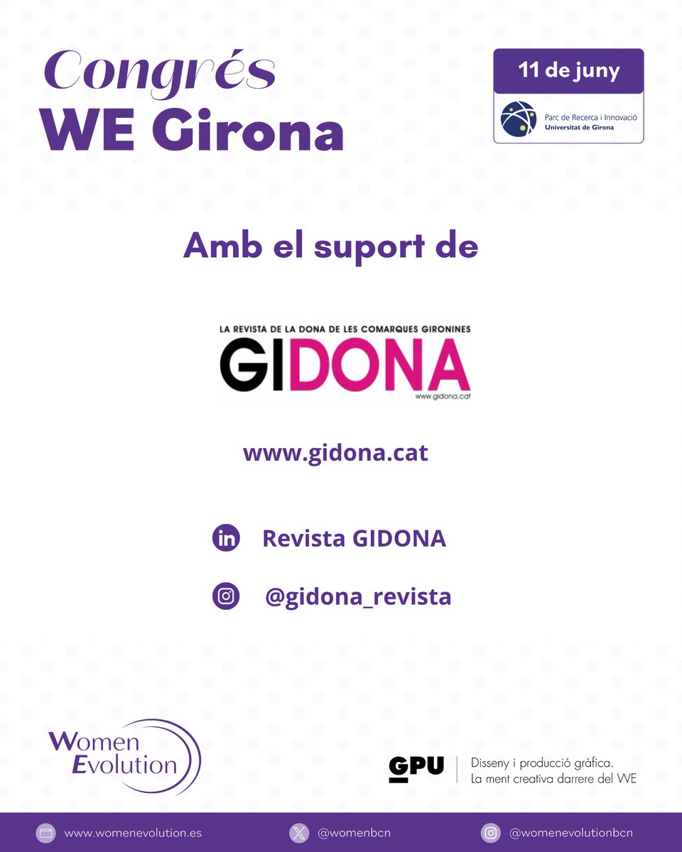 WomenBcn's tweet photo. 📣⭐Un plaer comptar amb #mitjans com la #RevisatGIDONA per a la difusió de la Tercera Edició del Congrés #WEGirona “Lideratge femení en salut, innovació i internacionalització empresarial”
📆11 de juny
🕧De 9.30h a 14h
📍@ParcUdG
🎟️Inscriu-te https://t.co/EJBHUOAYkh
#comunicació https://t.co/06DZeU7iBh