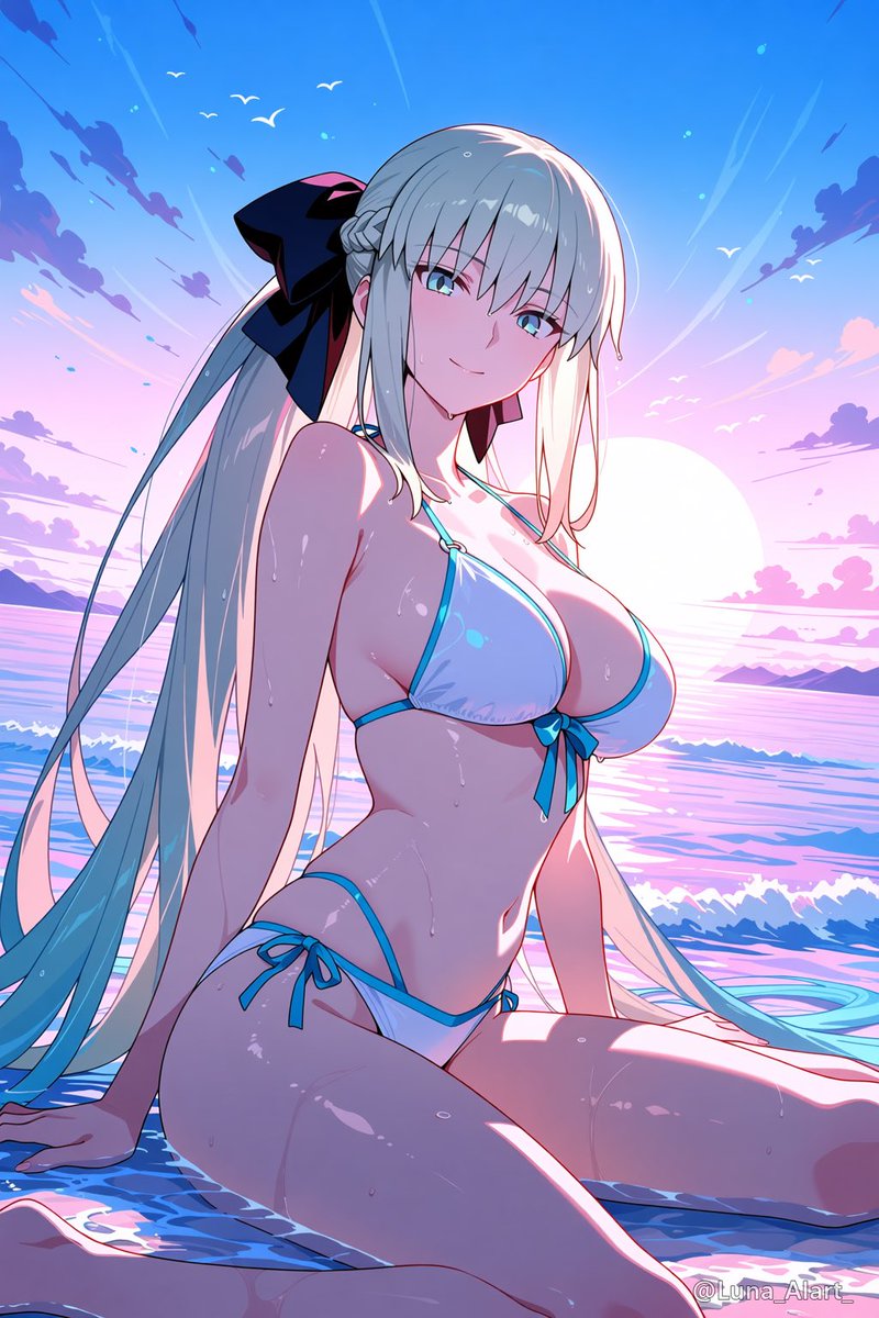 Luna_AIart_'s tweet photo. お疲れさまです🌙

今日の夜はモルガンをお届けします。
昼と夜の境目、黄昏の海辺で。

昼と夜、どちらが好きですか？

SFW illustration. No nudity, no suggestive intent.

#FGO #モルガン  #AIイラスト #AIart https://t.co/UFJFmlY8Ti
