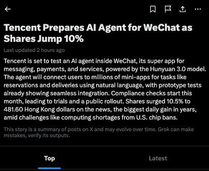 AJButton2's tweet photo. Tencent is working on embedding an AI agent in WeChat.

The stock is up 10% on the news.

If this AI agent is executed well and integrated into WeChat intelligently, it will further cement WeChat's status as China's "everything app."

$TCEHY https://t.co/xj3h2uPa3n