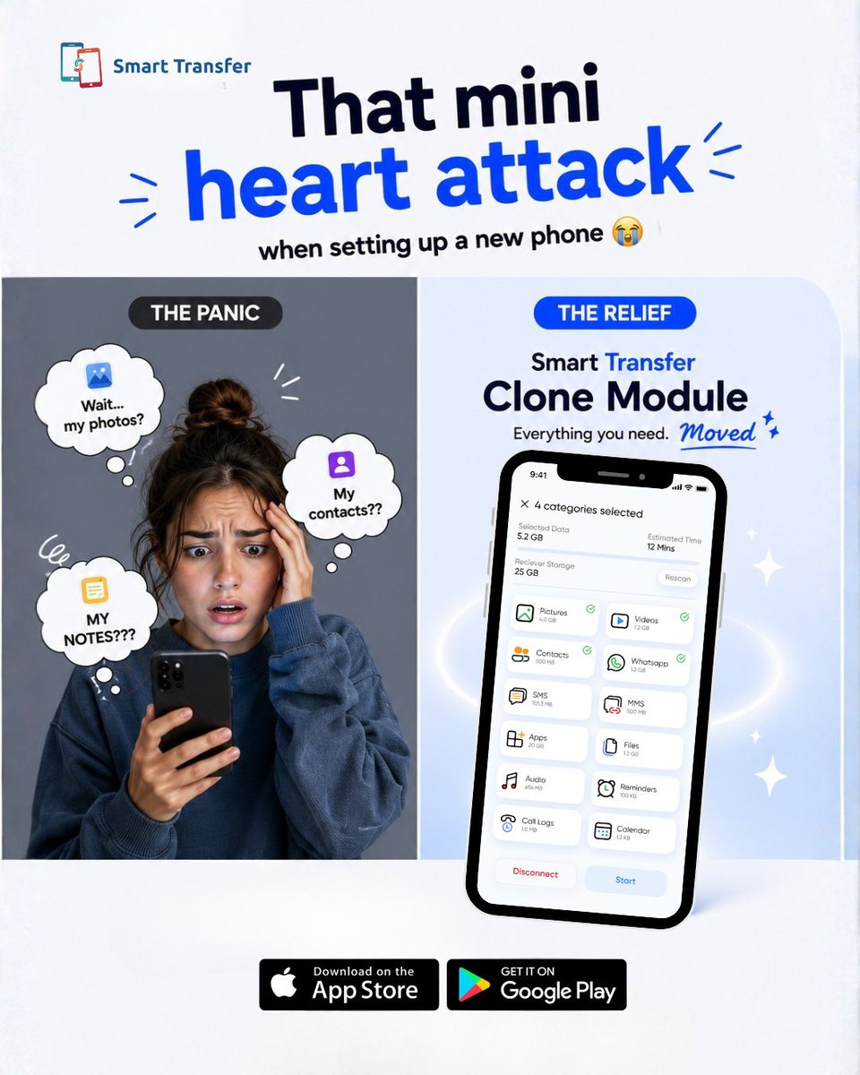 USSmartTransfer's tweet photo. 📱 New phone? Keep everything that matters.
No more “Wait… did my stuff transfer?” 😅 Smart Transfer’s Clone Module moves your photos, contacts, apps, and more, so your new phone feels like home from day one.
Download now 🚀
#SmartTransfer #PhoneClone #DataTransfer #NewPhone https://t.co/O6IMFnzb8S