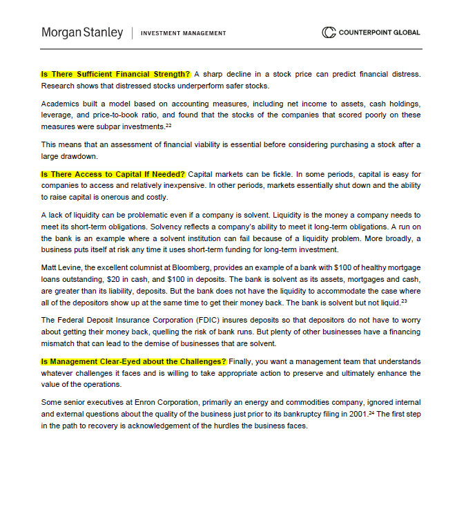 SteadyCompound's tweet photo. Mauboussin's six questions for telling a recoverable drawdown from a terminal one:

1. Cyclical or secular?
2. Does the unit economics still create value?
3. How lumpy are the investments?
4. Sufficient financial strength?
5. Access to capital if needed?
6. Is management clear-eyed, or in denial?

A crash isn't proof the business is broken. These questions tell you whether it is.