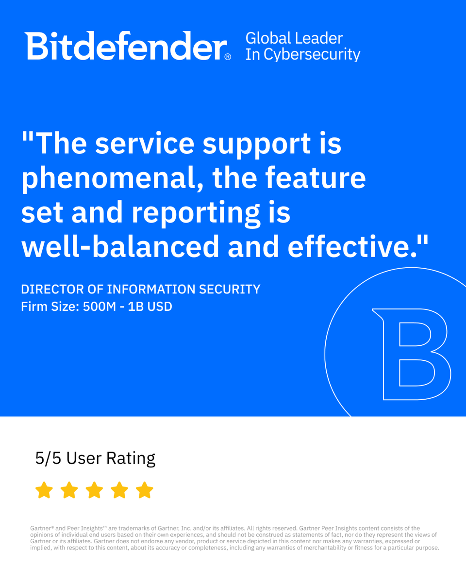 Bitdefender_Ent's tweet photo. From clear, actionable reporting to seamless incident handling, our MDR platform is built for simplicity and efficiency. With easy configuration and intuitive data visualization, you get the insights you need, without the complexity. 

Learn more from this 5/5 user rating and review on Gartner® Peer Insights™: 🔗 https://t.co/MaDS0woyJ8.