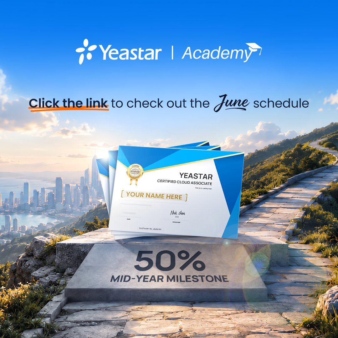 Yeastar's tweet photo. 📈Halfway through the year. New goals ahead.
✨Join Yeastar webinar this June, level up your expertise and gain certifications that power for the next stage of your journey.

Click to secure your spot: https://t.co/W1L9fCgTGE

#YeastarAcademy #Webinar #Training https://t.co/UuMoV6fkUq