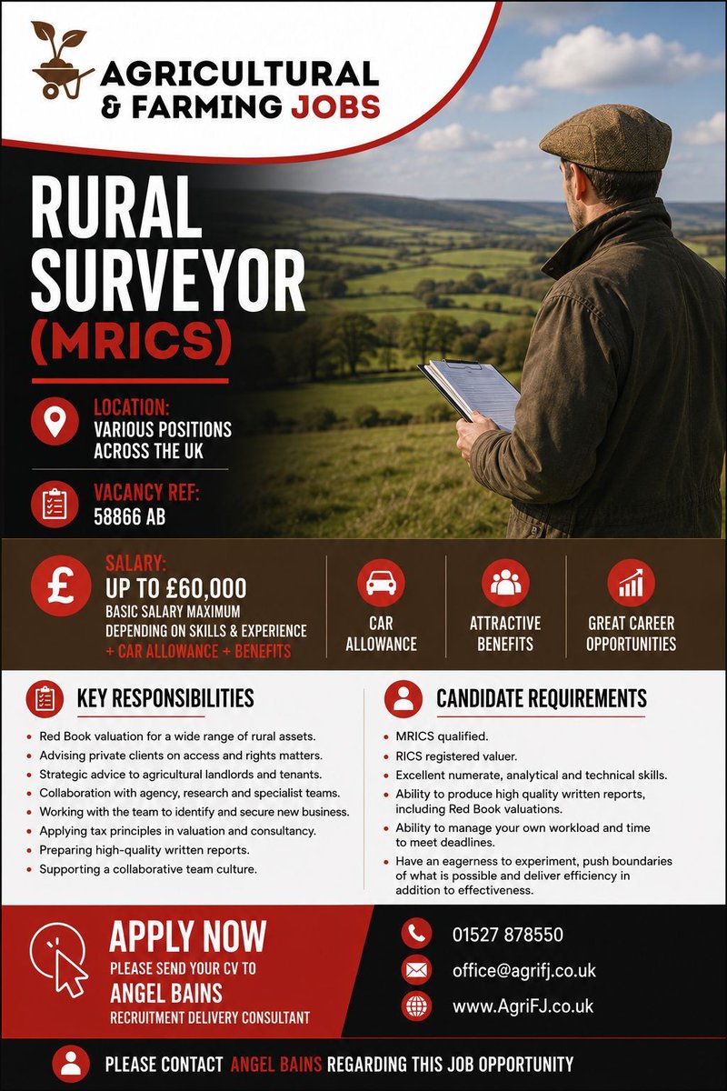 Agriculturaljob's tweet photo. New Job Opportunities - Rural Surveyor
π Various positions available across the UK
π° Β£35,000 - Β£60,000 basic salary + car allowance
To apply, please send your CV to π§ Angel@AgriFJ.co.uk or please call Angel on π 07542 225858.
#agrifj #ruralsurveyor #ruralsurveying #MRICS https://t.co/lAanw7EFyI