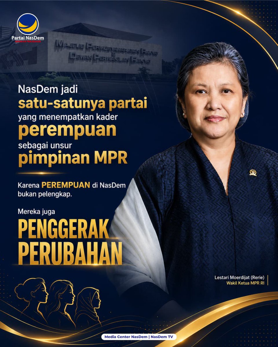 NasDem's tweet photo. Komitmen itu telah lama dijalankan Partai NasDem. Mulai dari keterwakilan perempuan di DPR yang mencapai 30 persen hingga hadirnya kader perempuan sebagai unsur pimpinan MPR RI. Karena di NasDem, perempuan bukan pelengkap, melainkan penggerak perubahan. https://t.co/pAwDEWzJH9