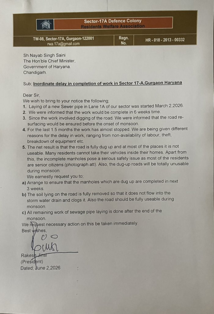 17aSector's tweet photo. @cm_window 
We the residents of Sector 17A,Defence Colony,Gurgaon seek your urgent help.Kindly see the attached letter which has been delivered to your Gurgaon office also.Thanks 🙏 https://t.co/ImYwbMTiJZ
