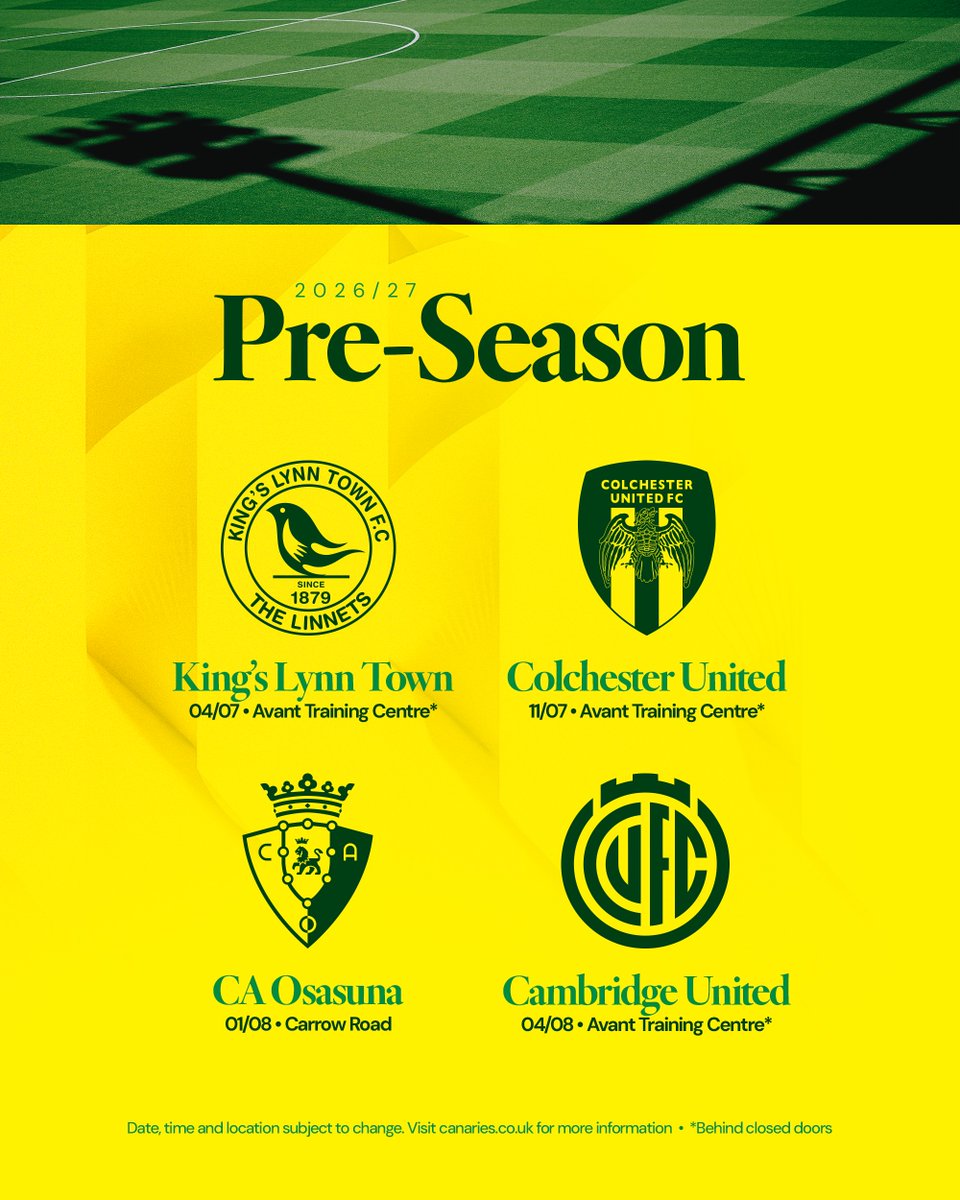 NorwichCityFC's tweet photo. Pre-season plans in place 🤝

We will host La Liga side @osasuna at Carrow Road on Saturday, August 1 as well as three other friendlies.