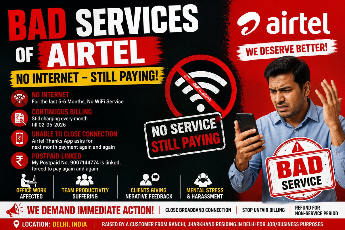 santosh06it's tweet photo. @airtelnews For the last 5-6 months, I have not been receiving Airtel Broadband Internet service, yet I have been continuously charged and have paid the bills. 
#SunilBhartiMittal #CEOAirtel #ShashwatSharma #FraudActivityAirtel #CustomerDisappointment
@PMO @PrimeMinisterOffice https://t.co/v8hw4rt5o1