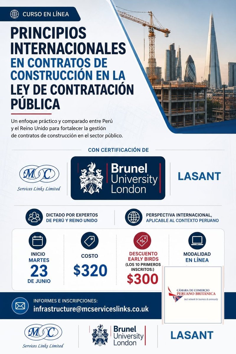 services_links's tweet photo. Curso Online con certificacion de @Bruneluni  sobre la legislación en contrataciones de obras publicas. 
Expertos de #ReinoUnido #Perú: casos prácticos y tendencias globales aplicadas al sector.
Inicio: martes 23 de junio
Inscripciones: infrastructure@mcerviceslinks.co.uk https://t.co/lL2DHPGn5j