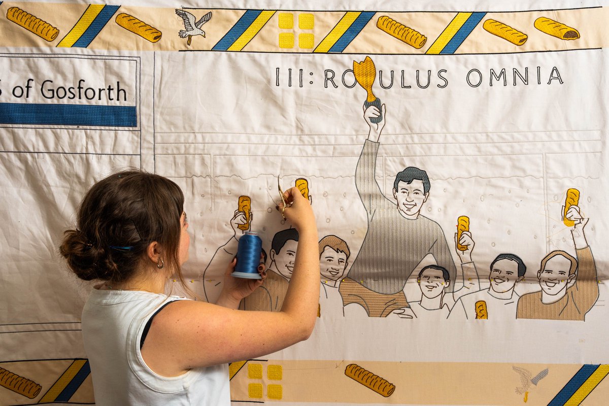 Londonist's tweet photo. In honour of the Bayeux Tapestry coming to London later this year, Greggs has commissioned an eight-metre-long 'Ta-Pastry'.

You can see it in the Design Museum for free - but only this Friday and Saturday (5 and 6 June). https://t.co/StaN8RsnnB