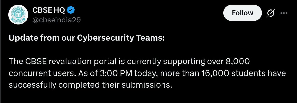 kingslyj's tweet photo. Dear CBSE HQ,

8000 concurrent users x  6 hours* = 48000 user-hours. 
But only 16000 successful submissions?

Takes 3 hours on avg to file 1 submission?

Why are you gloating about such shitty stats?

* Generously assuming people realised portal was up only at 9AM and not 6AM. https://t.co/EvjF3e3pek