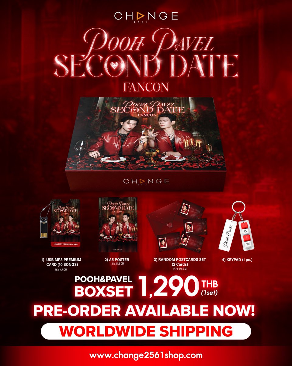 change2561's tweet photo. 🎀 OFFICIAL MERCHANDISE 
🐱🐶 POOH & PAVEL SECOND DATE FANCON 

🗝️ POOH & PAVEL BOX SET | 1,290 THB 
📦 ภายในเซ็ตประกอบด้วย
✨ USB MP3 Premium Card (10 Songs)
✨ A5 Poster
✨ Random Postcards Set (2 Cards)
✨ Keycap Keychain

🗝️ LIGHT STICK | 1,290 THB
🌈 15 Colors Multicolor Light Stick
พร้อมเป็นส่วนหนึ่งของทุกโมเมนต์สุดพิเศษในงาน 

🗝️ WRISTBAND | 290 THB 

❤️ ไอเทมที่ทุกคนไม่ควรพลาด!
สะสมความทรงจำสุดพิเศษจากงาน Pooh & Pavel Second Date Fancon ไปด้วยกัน ✨

🌍 WORLDWIDE SHIPPING AVAILABLE

🛒 PREORDER NOW
https://t.co/jx4r7xuXpL

#PoohPavelSecondDateFancon
#PoohPavel
#CHANGE2561
#CHANGE2561ORIGINAL
#OfficialMerchandise
#PoohPavelFancon
#WorldWideShipping