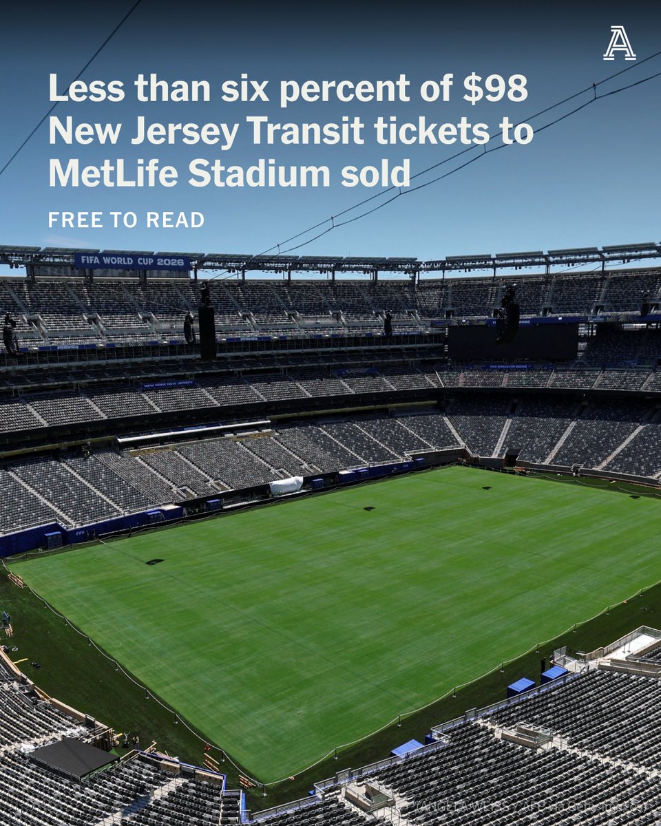 TheAthleticFC's tweet photo. Less than six percent of $98 tickets have been purchased for round-trip New Jersey Transit trains to MetLife Stadium during the FIFA World Cup.

A spokesperson for NJ Transit told The Athletic that as of Monday, May 31 at 5pm, only 17,739 tickets have been sold across the entirety of the eight game-days scheduled to take place at MetLife Stadium during the World Cup.

This is 5.5 percent of the total 320,000 inventory.

Full story from @AdamCrafton_ ⬇️

🔗 https://t.co/dAJ5XIpGG6