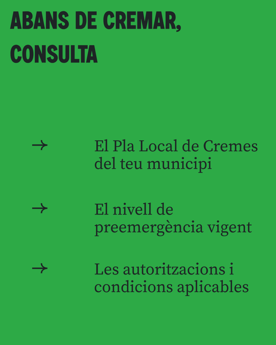 UnioLlauradora's tweet photo. 🔥 Del 1 de juny al 15 d'octubre hi ha restriccions a les cremes agrícoles i forestals prop de terrenys forestals.

📋 Consulta les condicions aplicables al teu municipi abans de realitzar qualsevol crema.

🔗 Descobreix tots els detalls 👉 https://t.co/BHKOV1Ncjo https://t.co/8YXaquE8sm