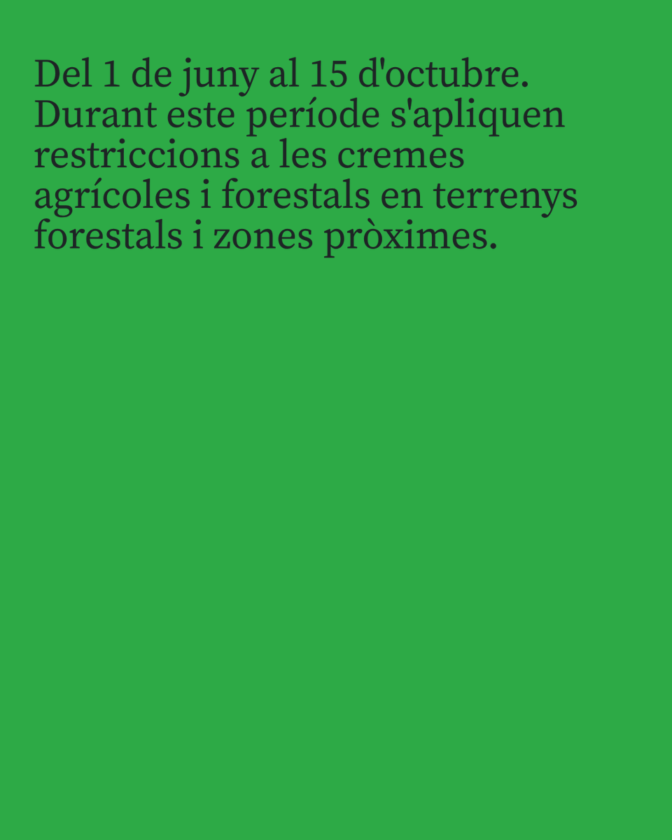 UnioLlauradora's tweet photo. 🔥 Del 1 de juny al 15 d'octubre hi ha restriccions a les cremes agrícoles i forestals prop de terrenys forestals.

📋 Consulta les condicions aplicables al teu municipi abans de realitzar qualsevol crema.

🔗 Descobreix tots els detalls 👉 https://t.co/BHKOV1Ncjo https://t.co/8YXaquE8sm