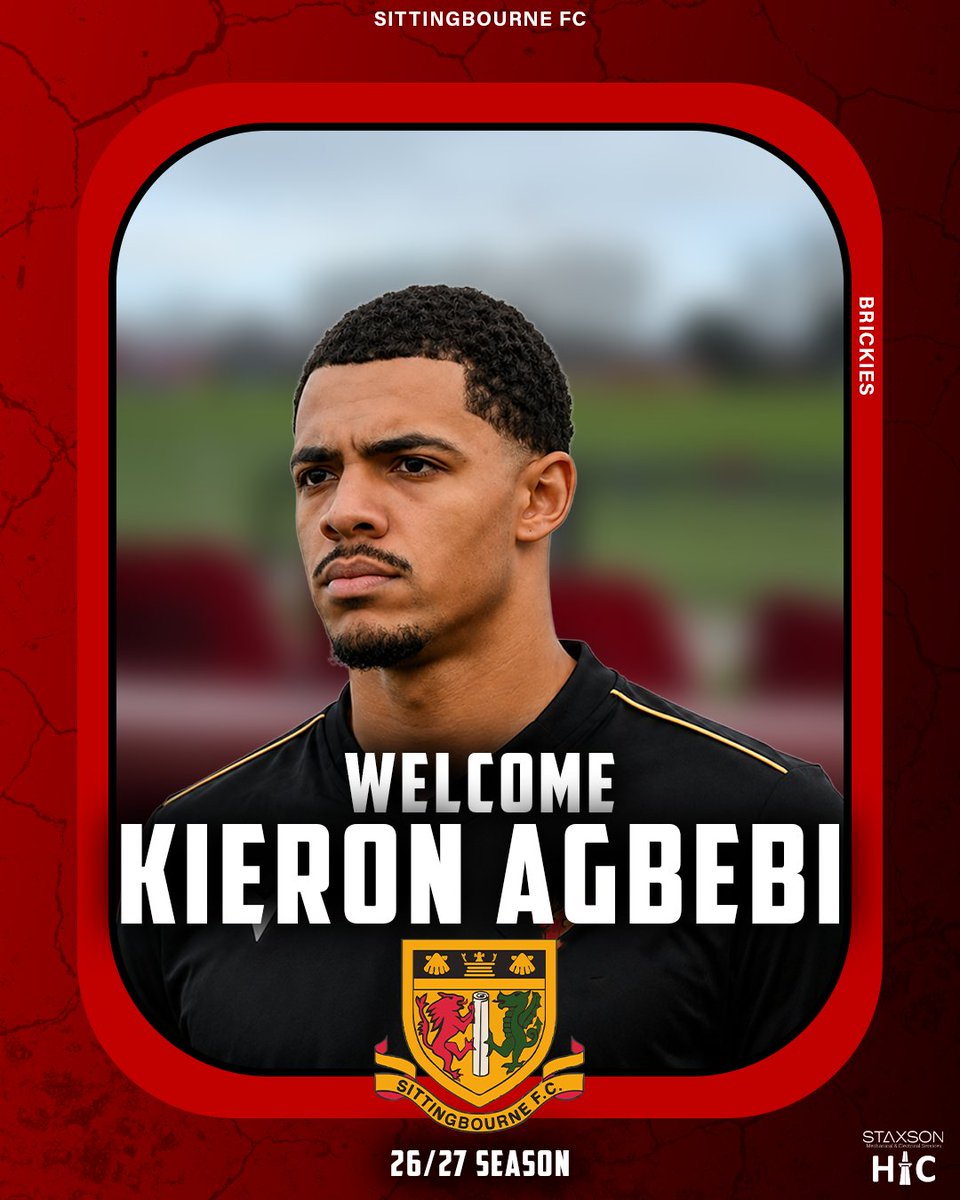 SittingbourneFC's tweet photo. 𝐍𝐄𝐖 𝐒𝐈𝐆𝐍𝐈𝐍𝐆 ✍️

We’re delighted to announce the signing of Kieron Agbebi ahead of the 2026/27 season 🔴⚫

Kieron joins the Brickies from Dover Athletic F.C. and is ready for a new challenge as he links up with the squad ahead of the new campaign.

Welcome to the Brickies, @kieron_agbebi👏

#UpTheBrickies