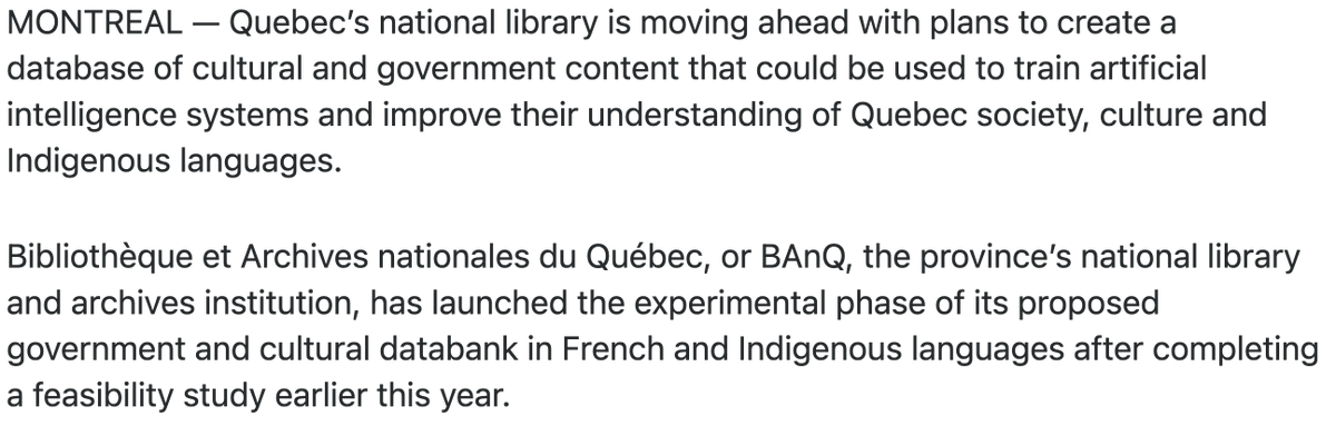 infodocket's tweet photo. Quebec Moves Ahead with #AI Cultural Databank Project (via @CanadianPress  / @CTVNews) 

https://t.co/SGfXAC8HkW

#libraries #archives #GenAI #Canada @_BAnQ https://t.co/hZfQuFtCk2