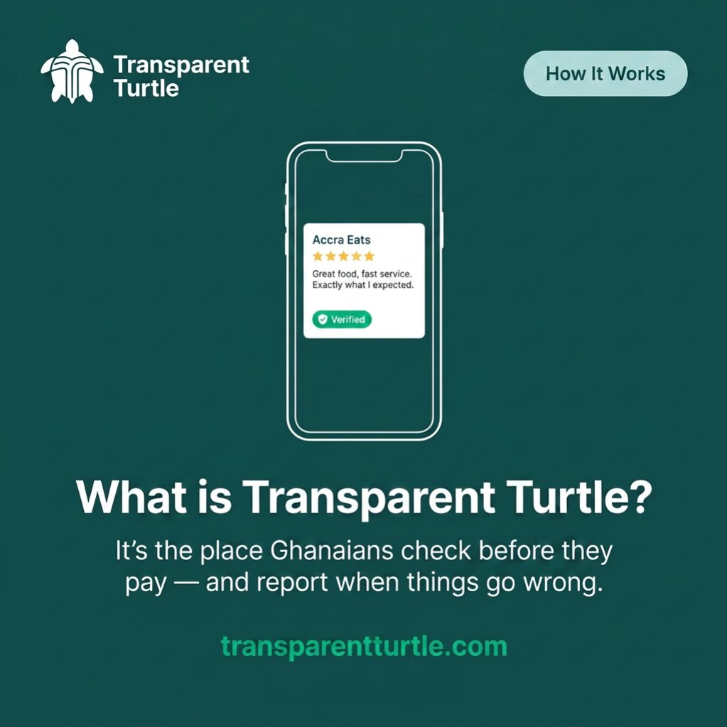 asktheturtle_tt's tweet photo. Before you pay anyone new in Accra — check them first.
Transparent Turtle is where Ghanaians leave real reviews and report businesses that scam them. Public. Permanent. Free.
https://t.co/k2bQrcm3qY
#TransparentTurtle #accountabilityghana #AskTheTurtle #Scamalerts #AccraBusiness https://t.co/oNALzoXqO5