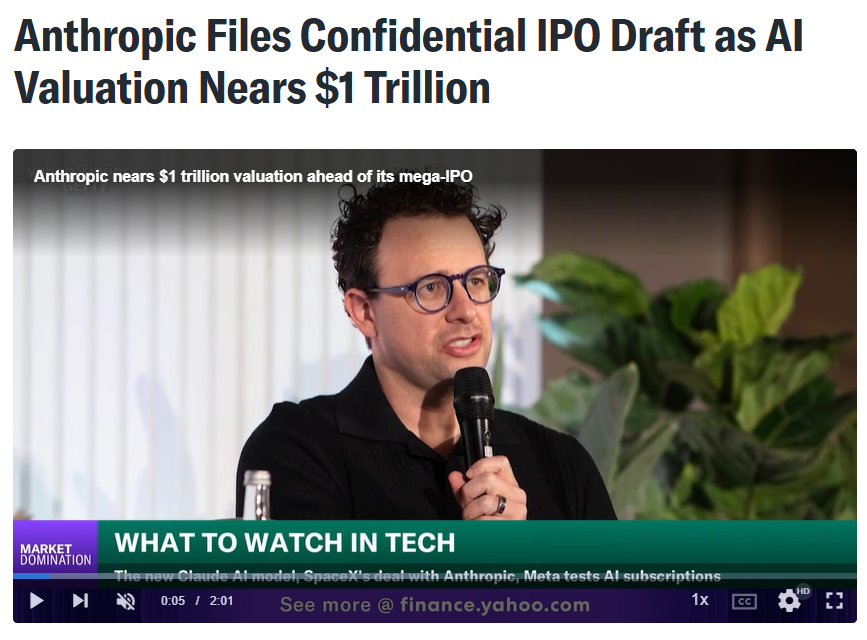 WorkinFintech's tweet photo. BREAKING:

@AnthropicAI , the maker of @claudeai, has just filed to go public in what could be a WHOPPING $1 TRILLION IPO! 

It filed a confidential draft S-1 with the SEC on Monday, setting up one of the largest tech listings in history.

And this comes just days after a monster raise:

🚀 $65bn Series H 
🚀 $965bn post-money valuation 
🚀 Now the world's most valuable AI startup, past OpenAI's

If it debuts above $1tn it would be the second or third largest IPO ever, behind only SpaceX and Saudi Aramco.

LETS GO.

...except not everyone is sold on the number.

On our latest Work in Fintech pod, @Matthew_Cheung_  sat down with @WilliamEQuigley, @tether co-founder and one of @PayPal first institutional investors, and his read on these AI valuations is blunt:

🚀 Every previous tech wave (internet, Web2, mobile, crypto) ran on near-zero marginal cost. AI is the opposite. In his words, the variable costs sit "hundreds of percent above the revenue being generated."

🚀 He wouldn't want to be the CFO of one of these companies, going public "without any proven ability to remain solvent... other than continually raising money."

🚀 And the bluntest line of all: "I don't do stuff in AI. I don't understand how I can make money in that space, which is why I don't."

His point isn't that AI won't change the world. It's that a trillion-dollar price tag on a business still burning cash on every single query is a very different bet from Amazon in 1999.

Full episode out now:

YouTube:
https://t.co/GfRCFaOP2i

Spotify:
https://t.co/vJxsdDlWoO

Apple Podcast:
https://t.co/nlk6NkgCVK