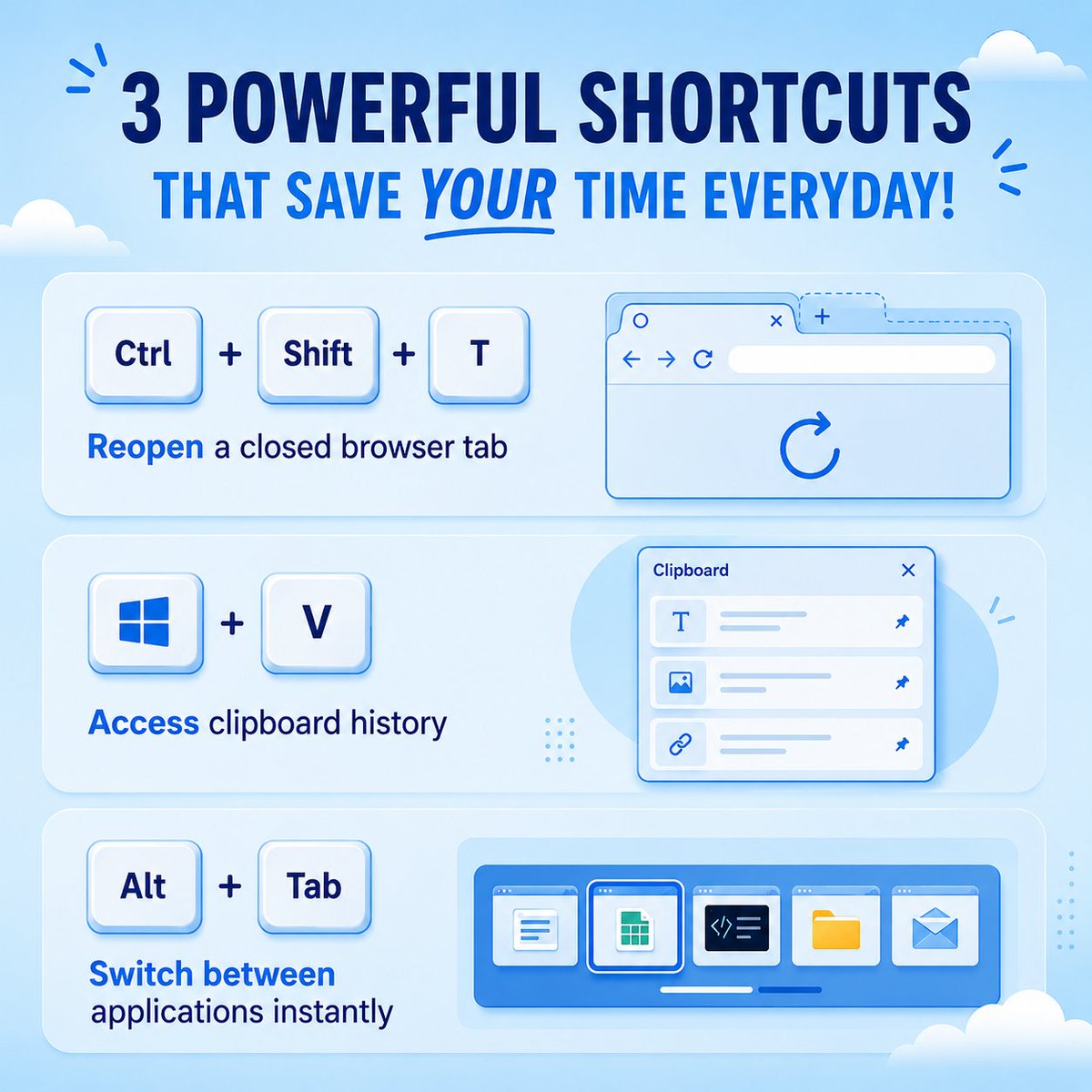 ainsoft_tech's tweet photo. 🎯 Tech Tip Tuesday
Use keyboard shortcuts to save hours, not seconds. 
Some favorites: 
✅ Ctrl + Shift + T 
 ✅ Windows + V 
✅ Alt + Tab 
#コロッケ #สัมผัสรักOSTวาดฝันวันวิวาห์
#BitgetStocksUpgrade  #セブンスムージッパー
#กลิ่นฝนByTleFirstOne #WHENITRAINSTFO https://t.co/m0P3ye9KUj